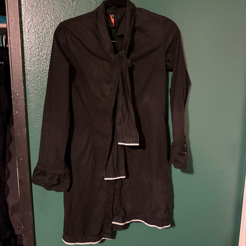 Black Tie-Neck Trench Coat with Contrast Trim